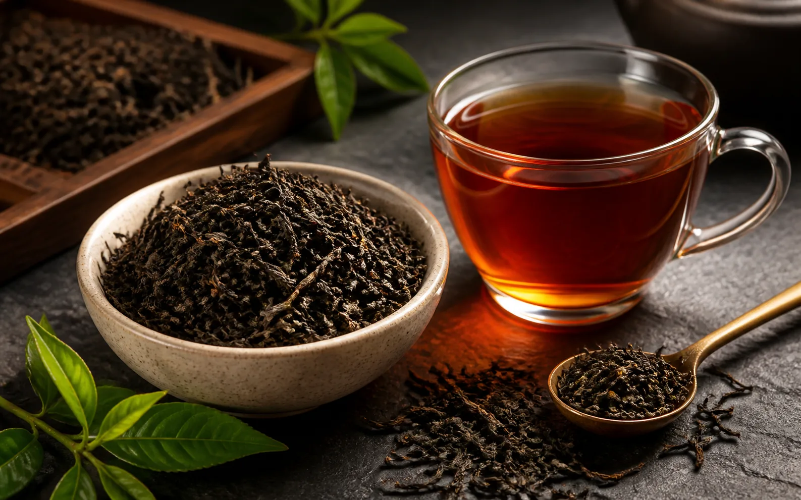 Loose black tea leaves with a cup of amber black tea