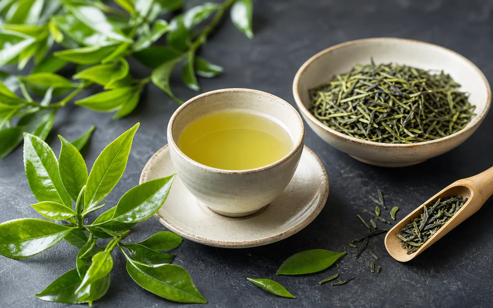 Green tea leaves and a pale cup of green tea