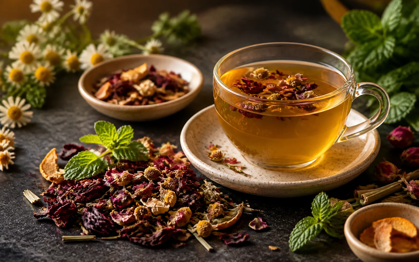 Herbal tea blend with flowers, mint, and a golden infusion