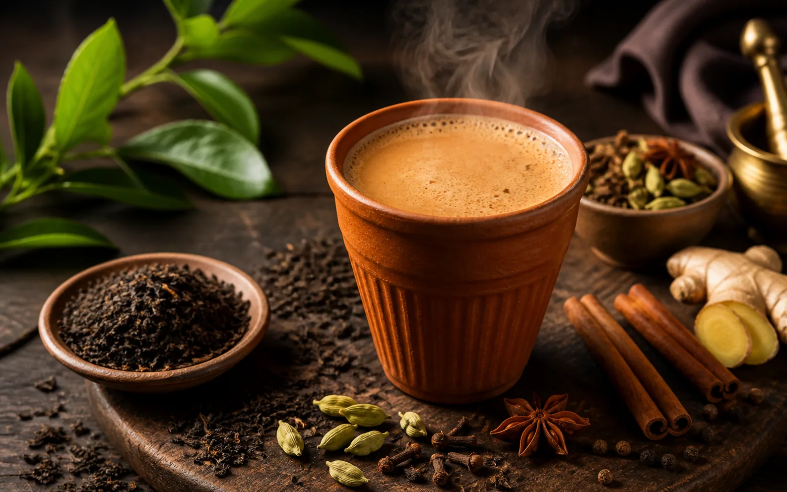 Masala chai in a clay cup with Indian spices and loose tea